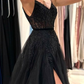 Elegant Long Black A-line Sequined Lace Prom Dress With Slit Y6002