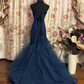 Classy Navy Blue Tulle Appliques Beaded Mermaid Formal Wedding Guest Dress Long Party Dress SP1378