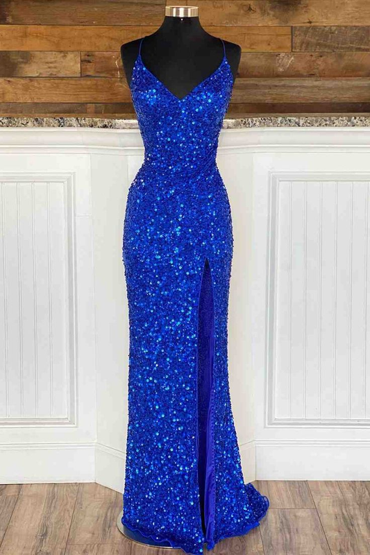 Royal Blue Lace-Up High Slit Glitter Long Prom Dress Y5733