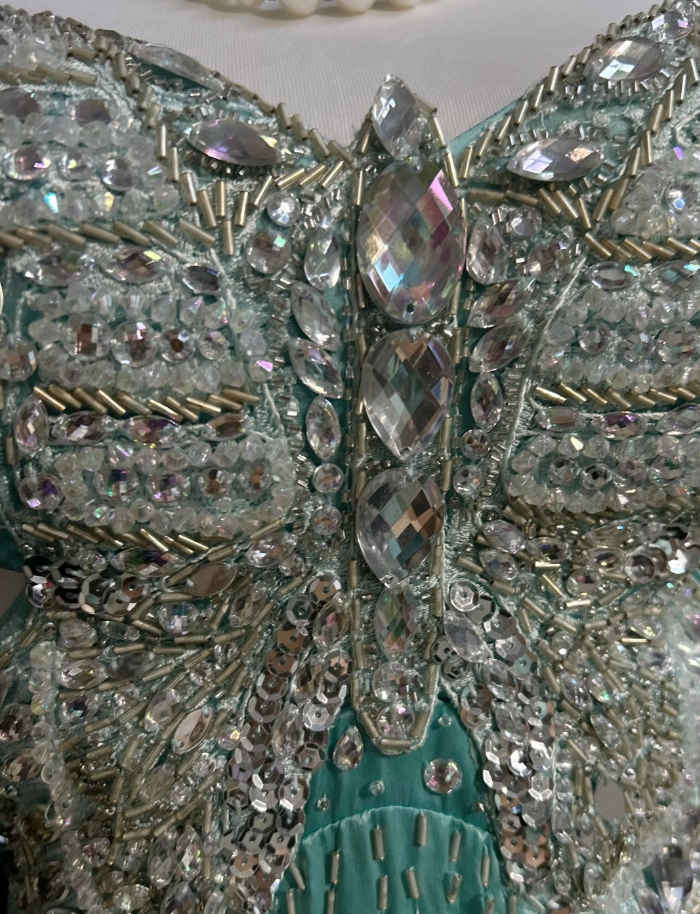 Gorgeous Green Spaghetti Straps Satin Beaded Mermaid Party Dress Backless Long Prom Gown SP1283