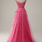 A Line Spaghetti Straps Lace Hot Pink Prom Dress with Appliques Y4487