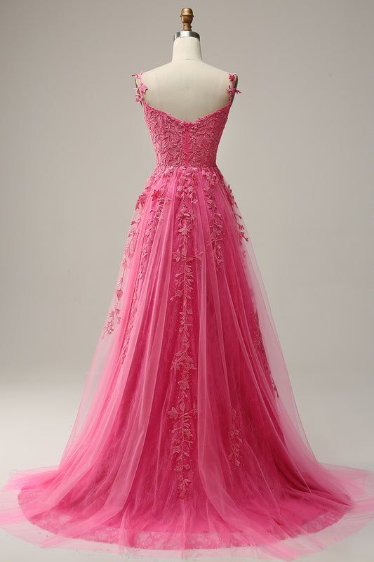 A Line Spaghetti Straps Lace Hot Pink Prom Dress with Appliques Y4487