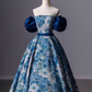 Blue Printed Long A-Line Prom Dress, Blue Off the Shoulder Formal Evening Dress Y4605