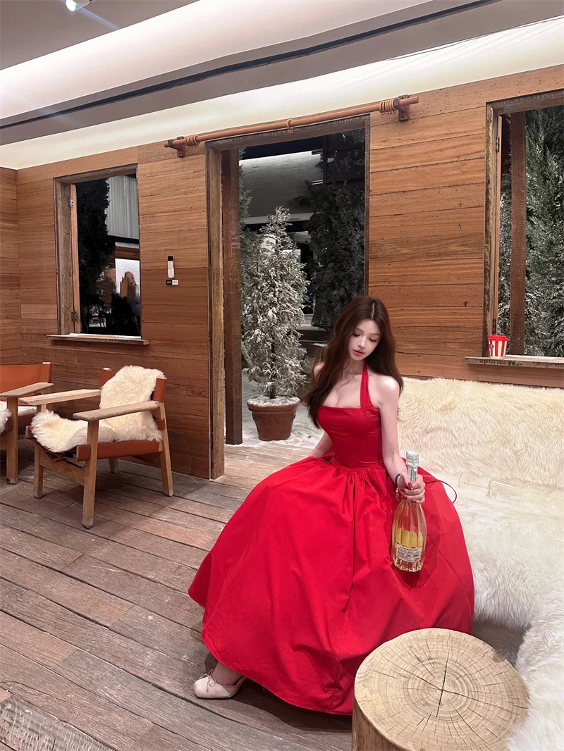 Charming Halter A Line Satin Long Prom Dress Red Evening Dress Birthday Dress SP2297