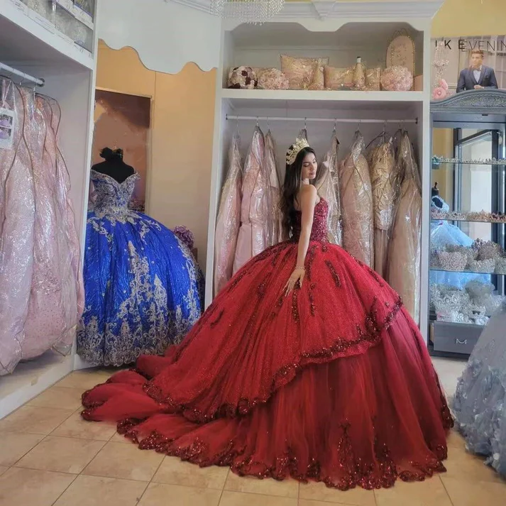 Red New Quinceanera Dresses Sequin Beading Appliques Sweetheart Formal Party Princess Ball Gowns Vestidos Y4257