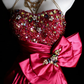 Fashion Hot Pink Satin Beaded Mermaid Long Evening Dress Formal Wedding Guest Dress With Bow SP1844
