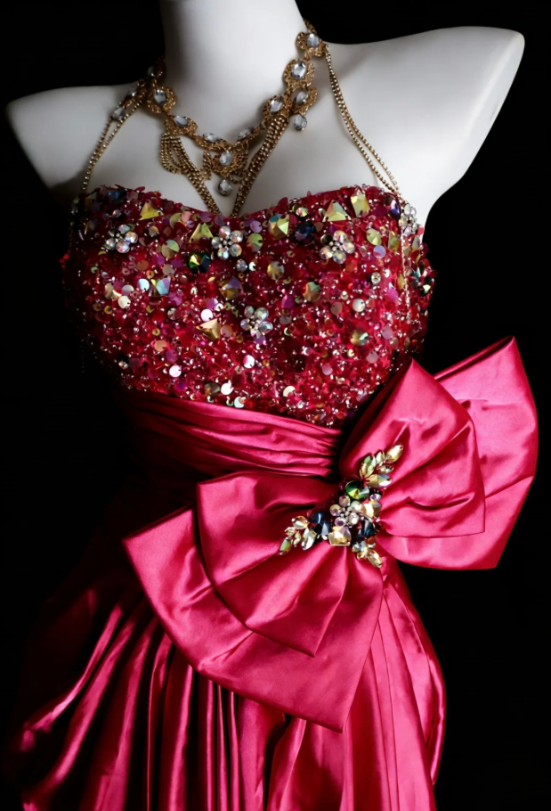 Fashion Hot Pink Satin Beaded Mermaid Long Evening Dress Formal Wedding Guest Dress With Bow SP1844