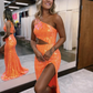 Sparkly Orange Sequin One Shoulder Long Prom Dress with Slit Y4277