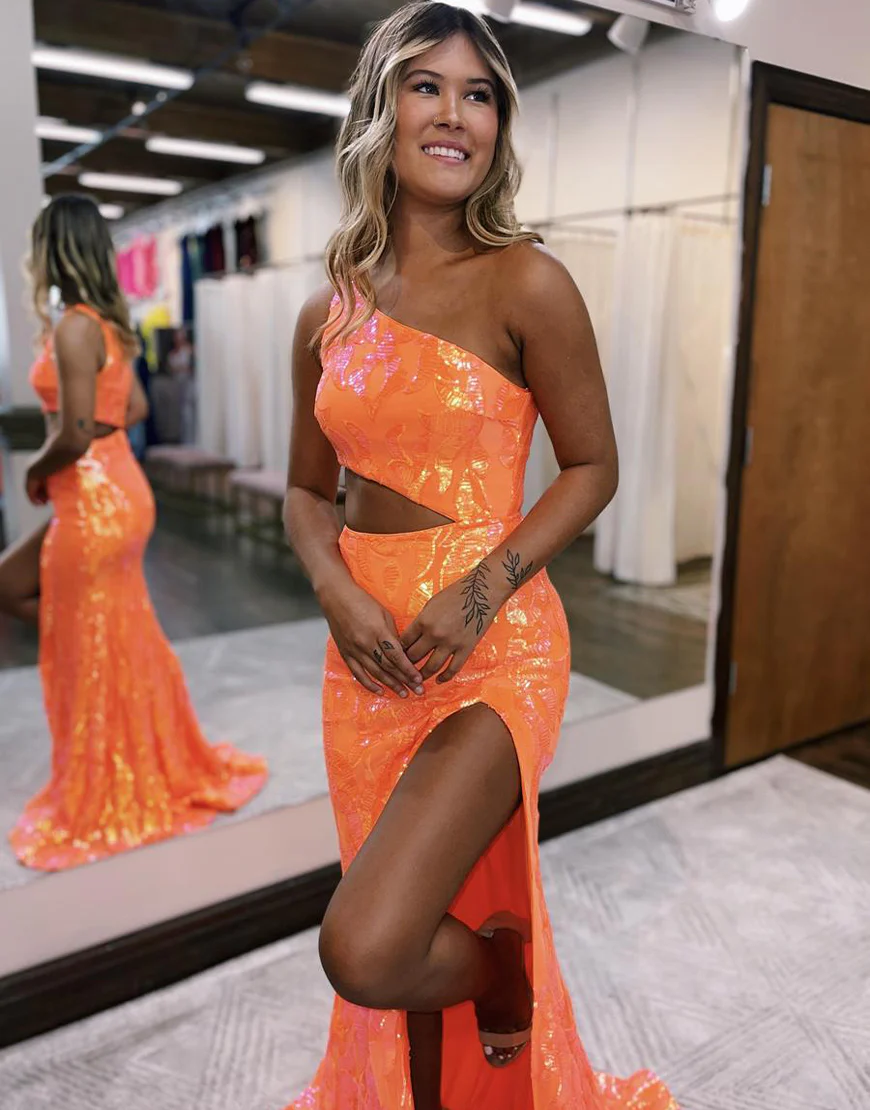 Sparkly Orange Sequin One Shoulder Long Prom Dress with Slit Y4277