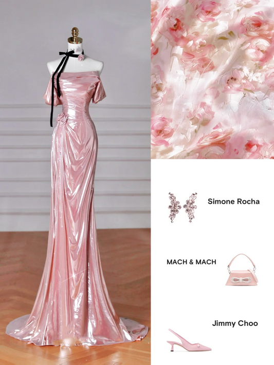 Gorgeous Pink Off The Shoulder Satin Mermaid Long Prom Dress Evening Dress Y8630