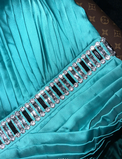 Unique One Shoulder Blue Satin Beaded Mermaid Evening Dress Long Birthday Prom Dress SP1068