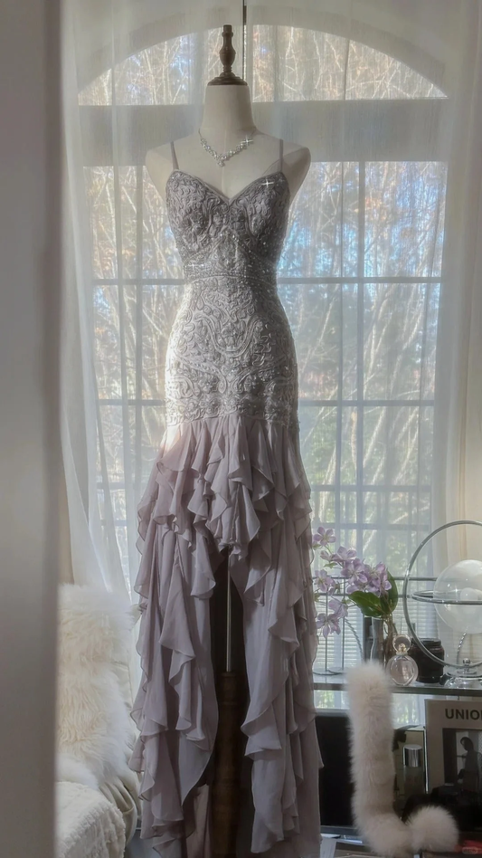Purple Romantic Beaded Lace Long Chiffon Ruffles Evening Gown Formal Prom Dress Birthday Party Dress Y9791