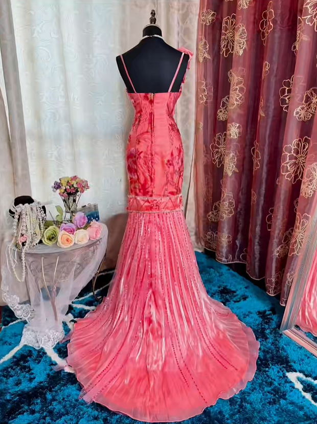 Vintage Spaghetti Straps Satin Embroidery Beaded Mermaid Evening Dress Pink Long Prom Gown SP2375