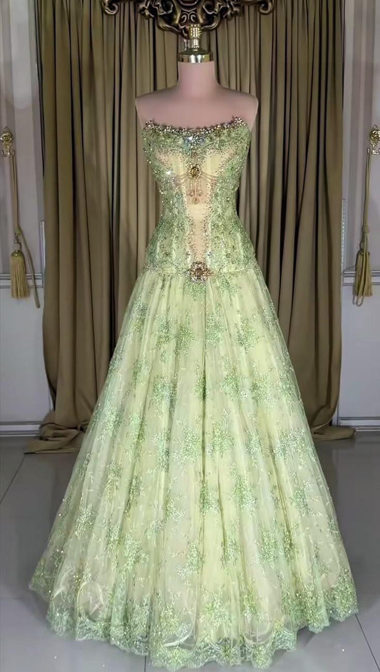 Gorgeous Strapless Green Lace Beaded Long Prom Dress Party Gown SP4265