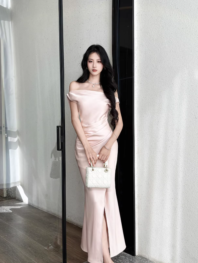 Fashion Off The Shoulder Pink Satin Mermaid Party Dress Long Wedding Guest Dress SP1983
