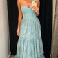 A-Line Long Blue Lace Prom Dresses Y5354