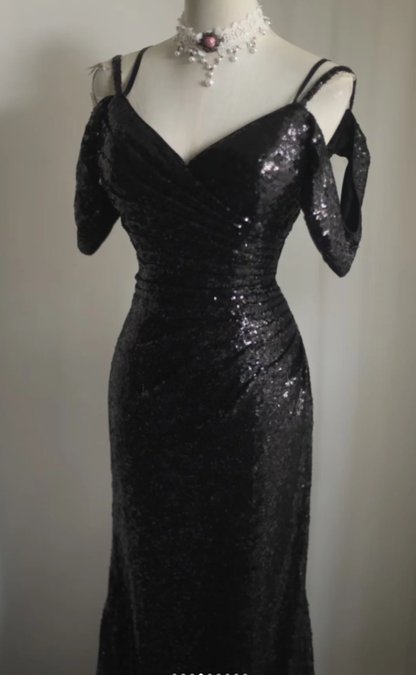 Shiny Spaghetti Straps Black Sequin Mermaid Party Dress Long Birthday Prom Gown SP1259