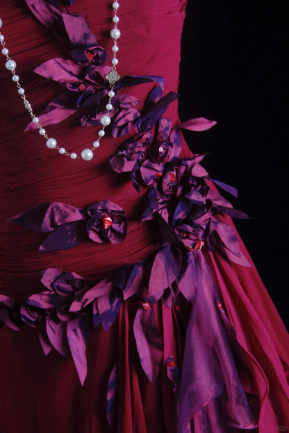 Charming Fuchsia Chiffon Appliques A Line Long Party Dress Strapless Prom Dress SP2152