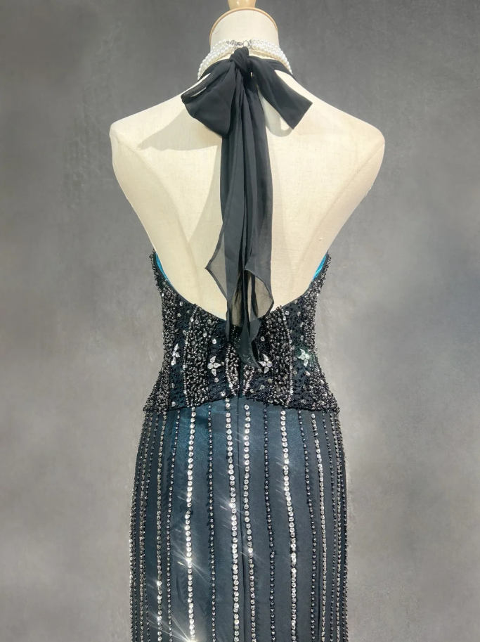 Gorgeous Halter V Neck Peacock Blue Satin Beaded Mermaid Long Evening Dress Backless Prom Gown SP1384