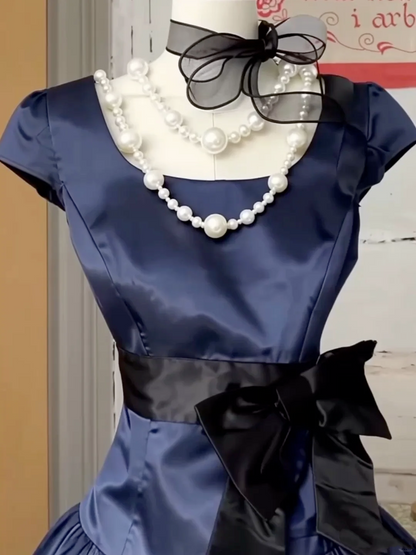 Vintage Navy Blue Satin A Line Short Prom Dress Formal Graduation Homecoming Dress Y9994
