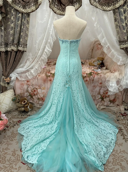 Beauty Strapless Tulle Lace Beaded Long Prom Dress Blue Mermaid Long Birthday Party Dress SP3836