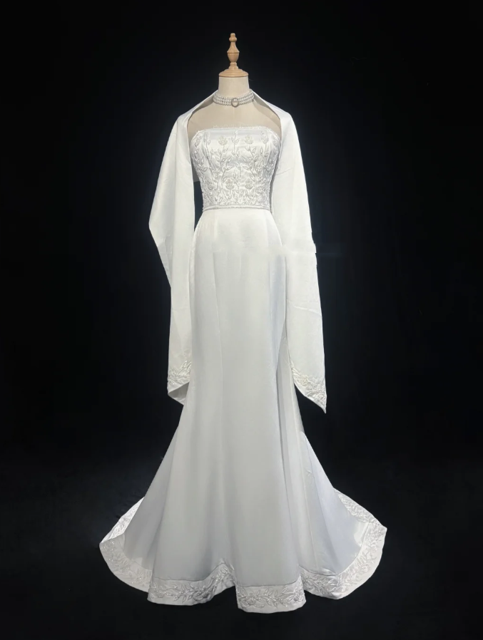 Charming Strapless Satin Beaded Mermaid Evening Dress White Long Birthday Dress SP1790