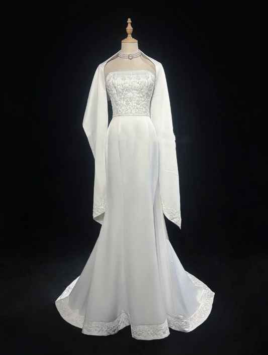 Charming Strapless Satin Beaded Mermaid Evening Dress White Long Birthday Dress SP1790