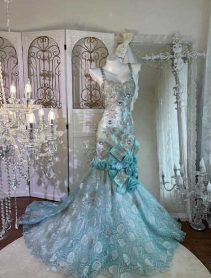 Charming Spaghetti Straps Tulle Rose Floral Mermaid Prom Dress, Blue Appliques Beaded Long Birthday Party Dress SP1464