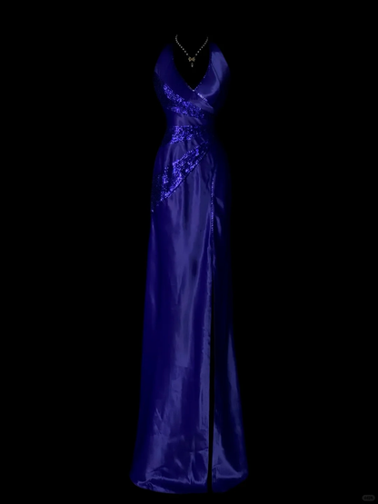 Elegant Halter V Neck Satin Sequin Mermaid Long Party Dress Blue Long Birthday Evening Dress SP4070