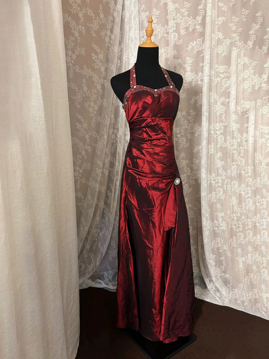 Vintage Burgundy Halter Beaded Satin Long Evening Dress Formal Birthday Prom Dress Wedding Guest Dress SP1391