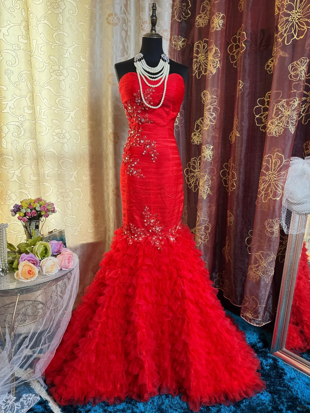 Gorgeous Strapless Satin Tulle Appliques Beaded Prom Dress Red Mermaid Long Evening Dress SP2382