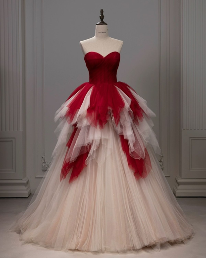 Pretty Ball Gown Red Strapless Tulle Long Party Dress Birthday Outfits SP1004