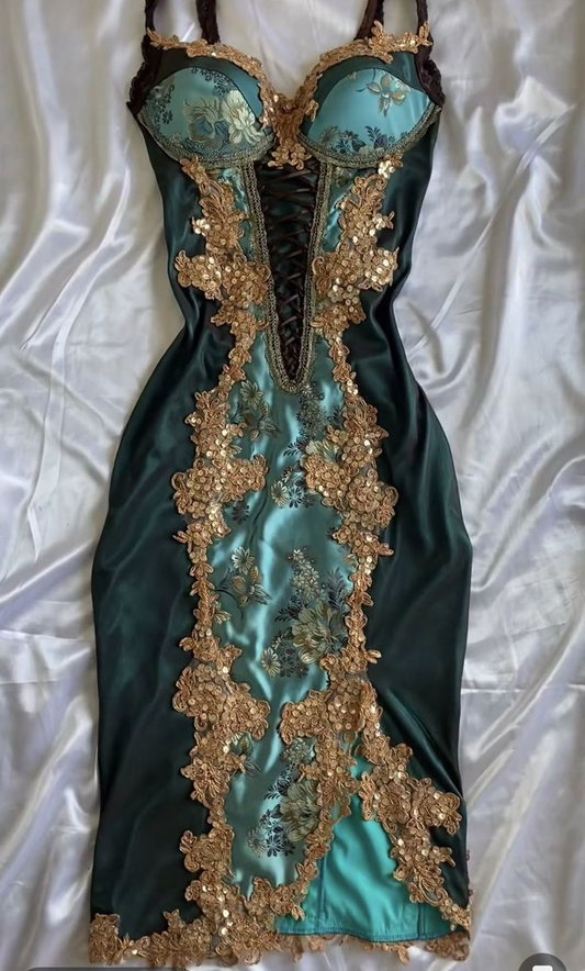 Vintage Green Satin Sequin Beaded Homecoming Dress Birthday Outfits Y9713