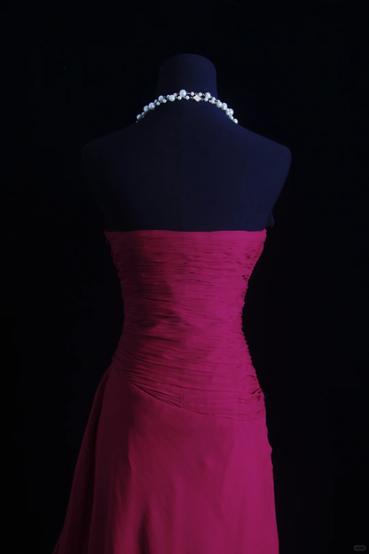 Charming Fuchsia Chiffon Appliques A Line Long Party Dress Strapless Prom Dress SP2152