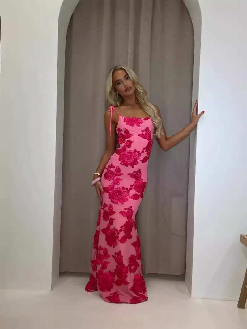 Classy Spaghetti Straps Hot Pink Satin Flowers Mermaid Party Dress Long Birthday Prom Gown SP958