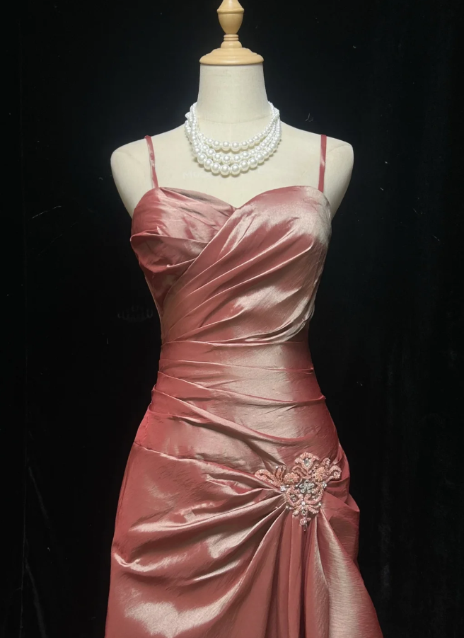 Pretty Spaghetti Straps Satin Pleated Beaded Mermaid Long Prom Dress Evening Gown SP1789