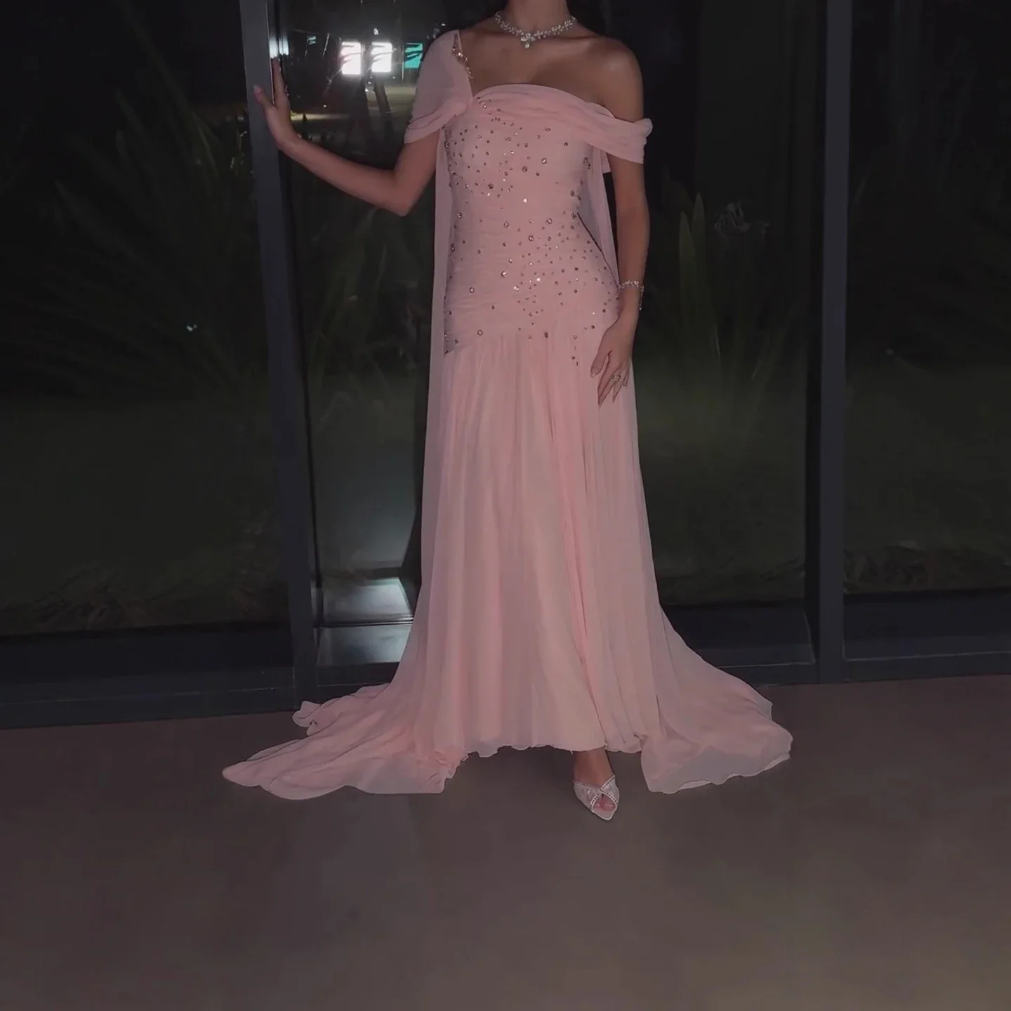 Pretty Pink Chiffon Beaded Mermaid Long Wedding Guest Dress Formal Evening Dress Birthday Dress SP1293