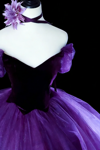 Charming Off The Shoulder Princess Ball Gown Purple Velvet Tulle Sequin Birthday Quinceanera Dress Sweet 15 Dress SP2035