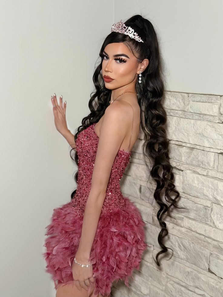 Sexy Strapless Rouge Pink Sequin Feather Mini Cocktail Dress Short 8th Grade Homecoming Dress SP2306