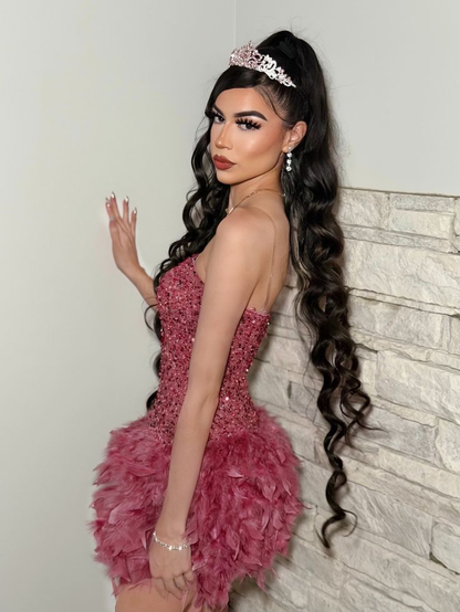 Sexy Strapless Rouge Pink Sequin Feather Mini Cocktail Dress Short 8th Grade Homecoming Dress SP2306