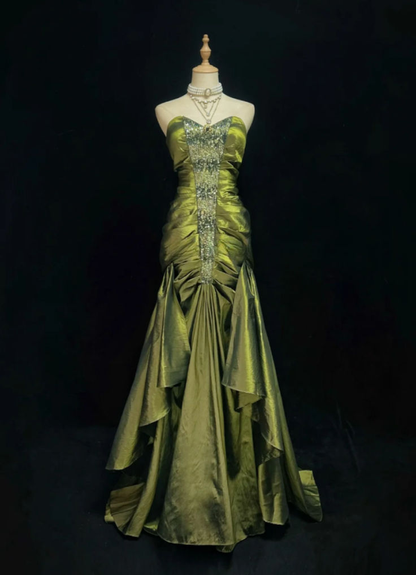 Vintage Strapless Olive Green Satin Pleated Beaded Mermaid Long Wedding Guest Dress Party Dress SP1338