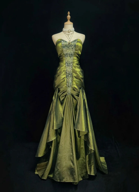 Vintage Strapless Olive Green Satin Pleated Beaded Mermaid Long Wedding Guest Dress Party Dress SP1338
