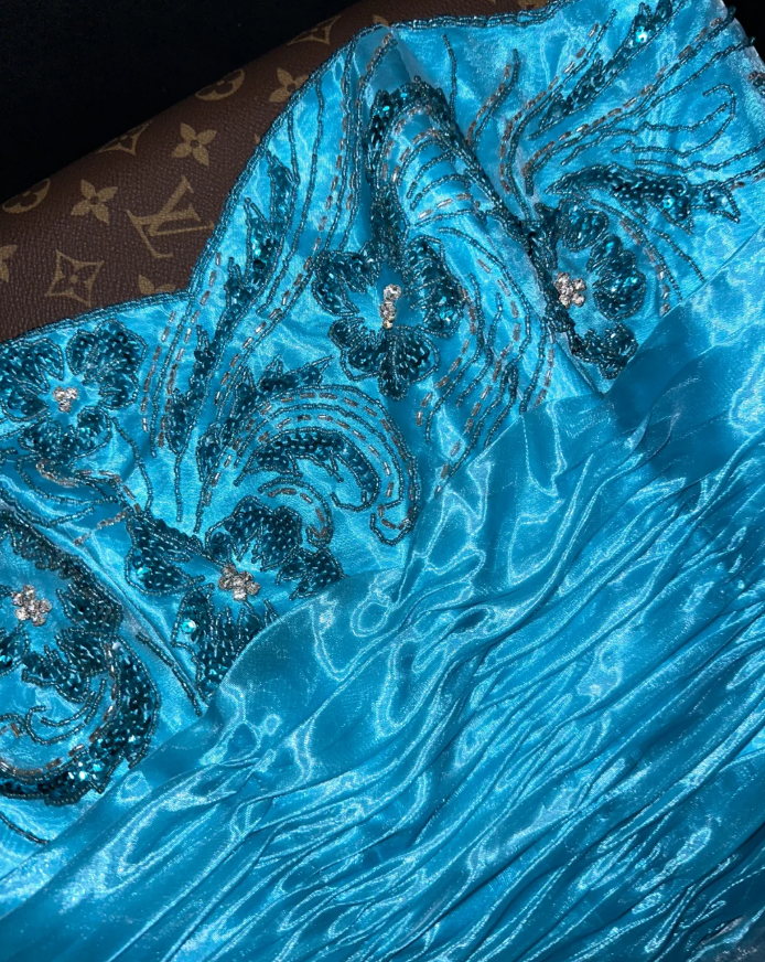 Classy Blue Strapless Organza Satin Beaded Mermaid Evening Dress Long Birthday Prom Gown SP777