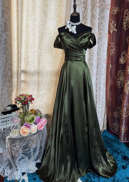 Classy Off The Shoulder Olive Green Satin Pleated Slit Long Evening Dress Formal Wedding Guest  Dress SP1889