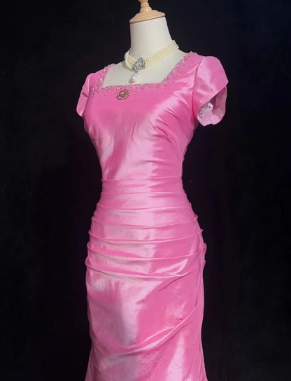 Sweet Square Neck Pink Satin Layered Mermaid Long Party Dress Birthday Prom Dress SP1855