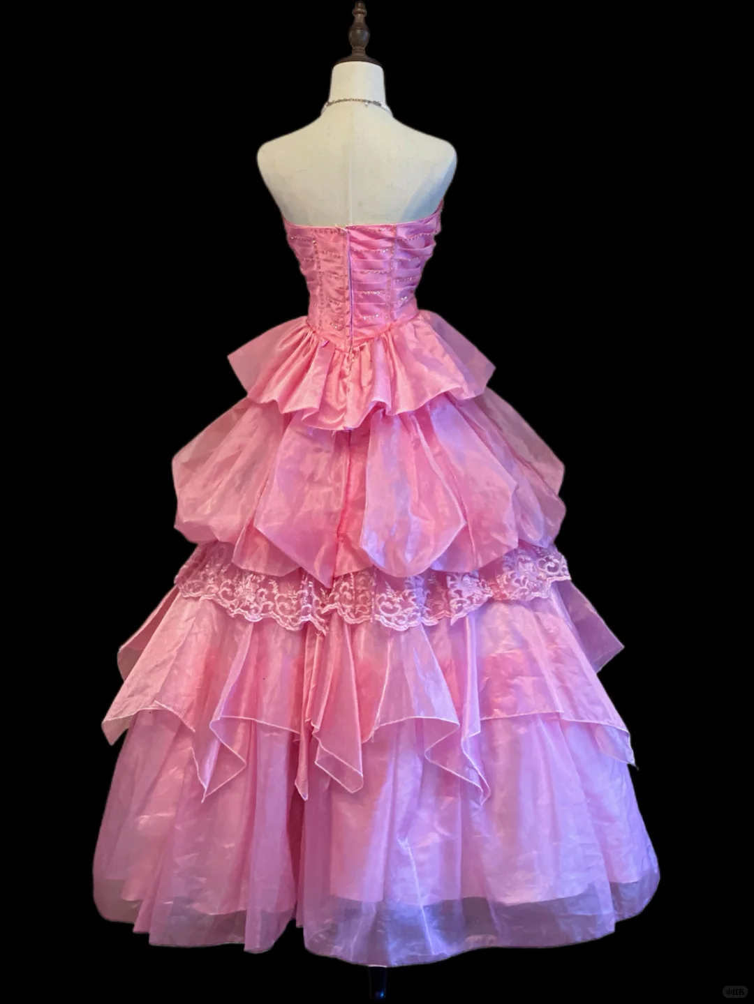 Pretty Strapless Pink Lace Satin Pleated Beaded Long Party Dress Evening Dress SP4091