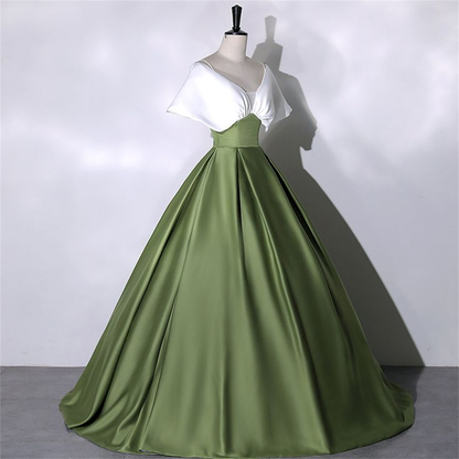 White+Green Satin Prom Dress Elegant Quinceanera Dress Floor Length Green Dress Evening Dress Girls Princess Dress Y4598
