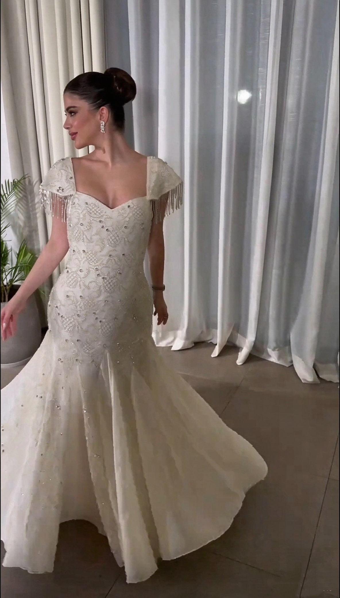 Sexy Off White Chiffon Beaded Mermaid Party Dress Long Birthday Dress SP4283