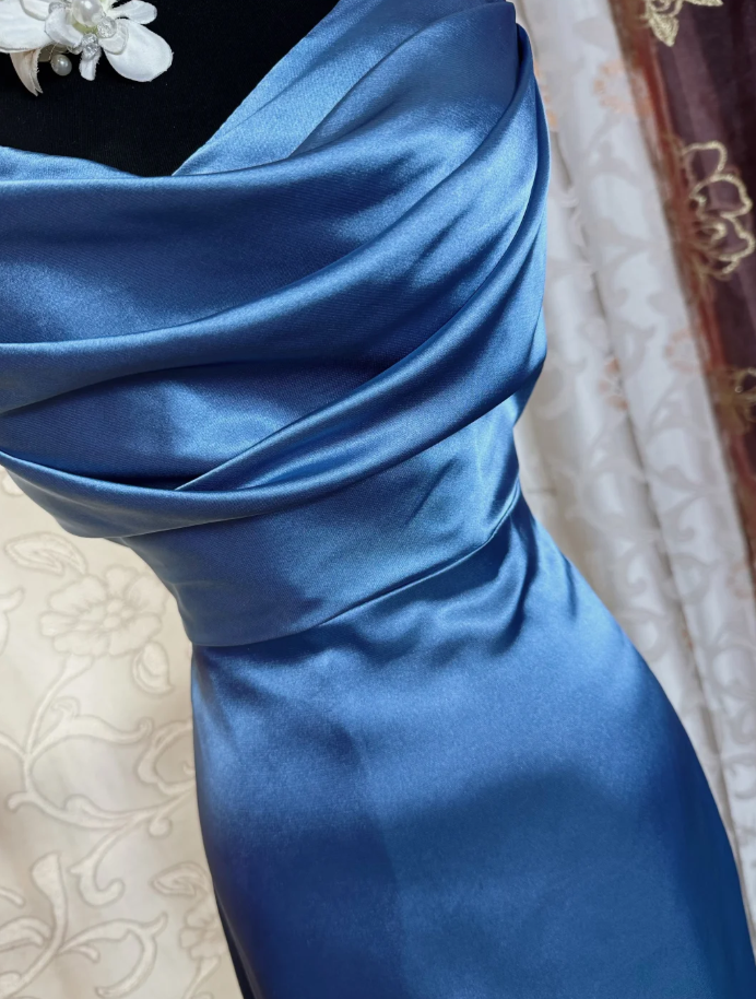 Classy Spaghetti Straps Blue Satin Long Wedding Guest Dress Formal Birthday Evening Dress SP1887
