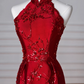 Gorgeous Red Satin Beaded Sheath Slit Prom Dress Formal Evening Dress Y8642